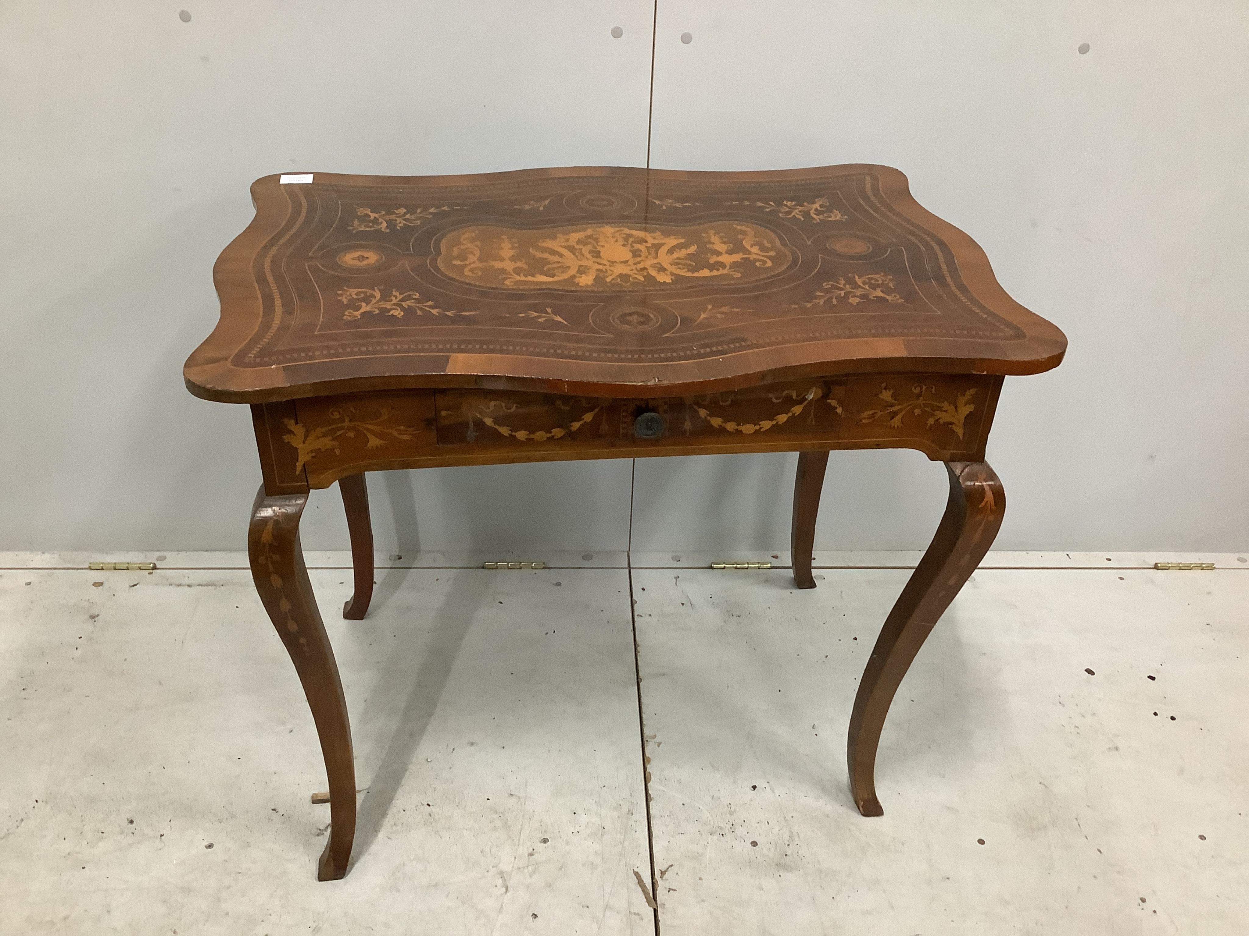 A 19th century Italian marquetry inlaid walnut serpentine side table, fitted drawer, width 88cm, depth 61cm, height 74cm. Condition - fair